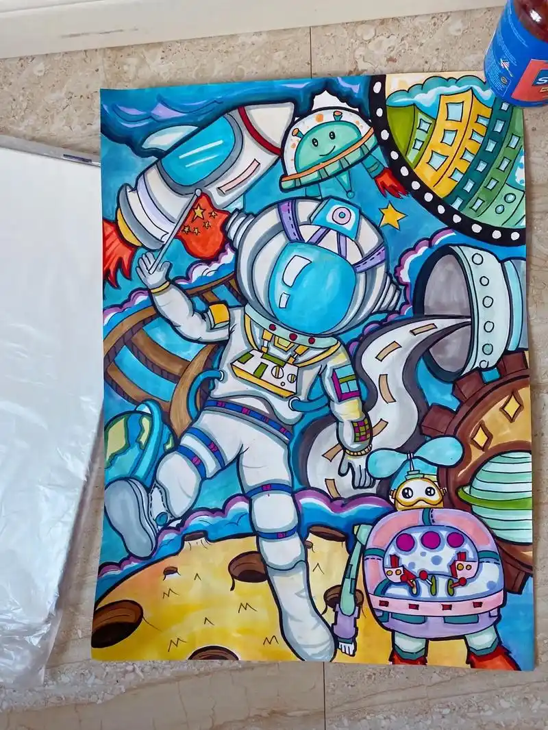 太空科幻主题画.#国庆节绘画 #马克笔手绘 #一起学画画 # - 抖音