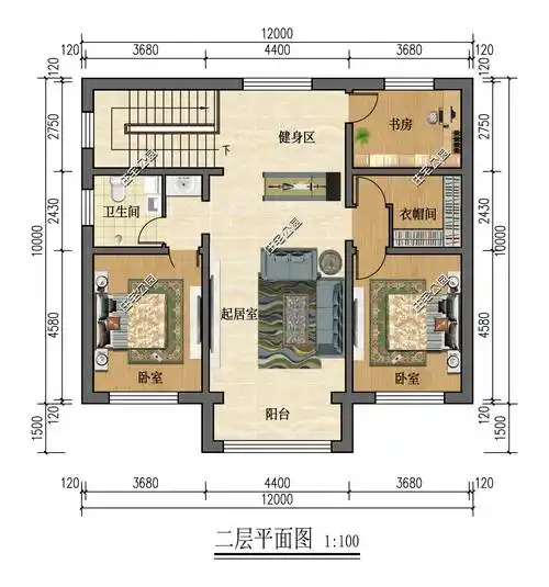 12×10米二层农村自建房,东边有邻居,不开窗,卧室均朝南_设计_书房