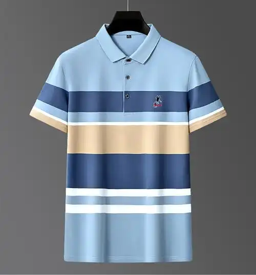 夏季短袖polo衫新款男士t恤商务休闲翻领条纹刺绣中年上衣体恤 - 17网