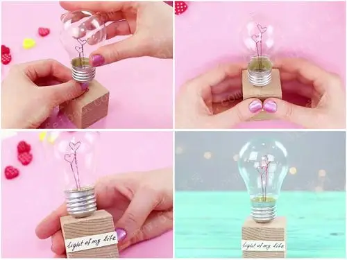 使用废灯泡制作情人节同心摆件作品 - 废物利用手工diy小制作 - 51费