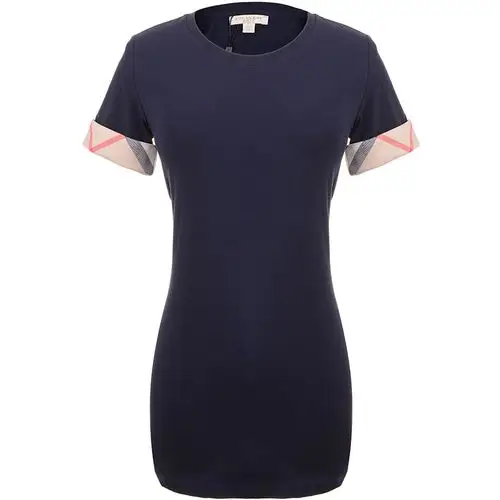 巴宝莉女款海军蓝棉质格纹袖口弹力棉质短袖t恤衫