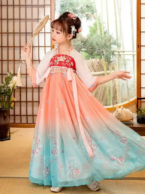 儿童汉服襦裙古装小女孩超仙飘纱高端手工钉珠中国风仙女裙唐装夏