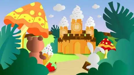 躲在草丛里偷看远处用美食建成的城堡,动物森林卡通美食城堡插画