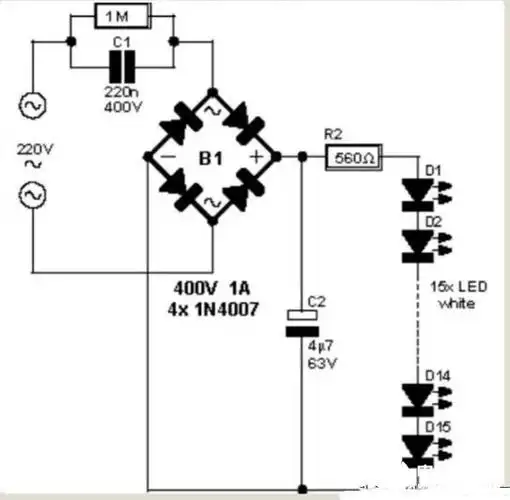 该led球泡灯内部由15个串联的白光led灯珠组成,并采用简单的阻容降压