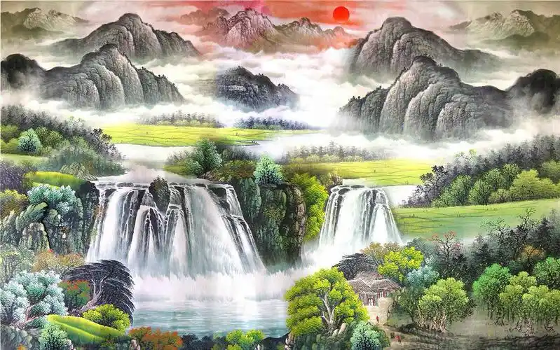 国画客厅书房电视背景山水壁画