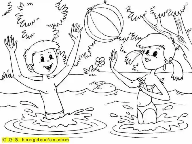 11张夏季主题沙滩阳光游戏涂色图片-红豆饭小学生简笔画大全