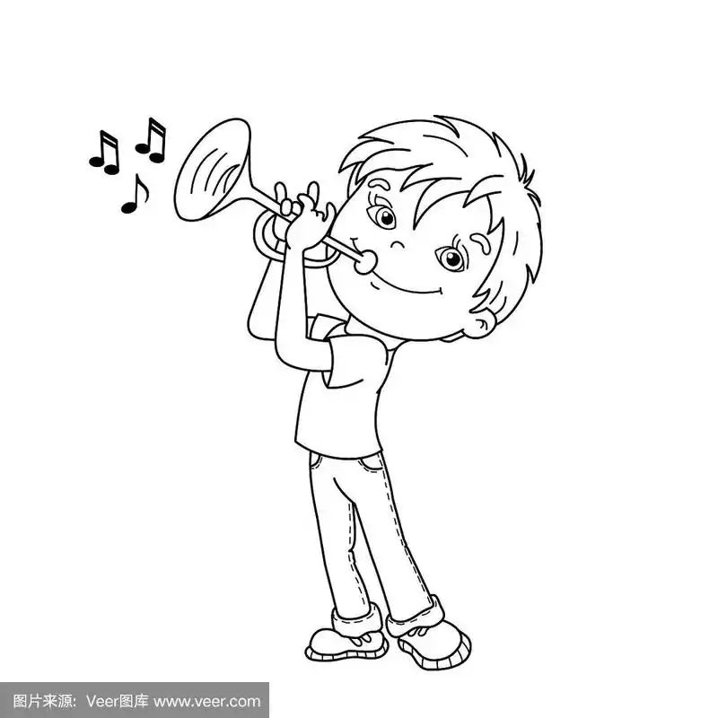 漫画男孩吹小号的涂色页轮廓.乐器.儿童涂色书