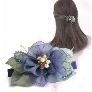 发夹头饰韩版春季绢纱花朵弹簧夹珍珠水钻顶夹一字夹发卡束发饰品