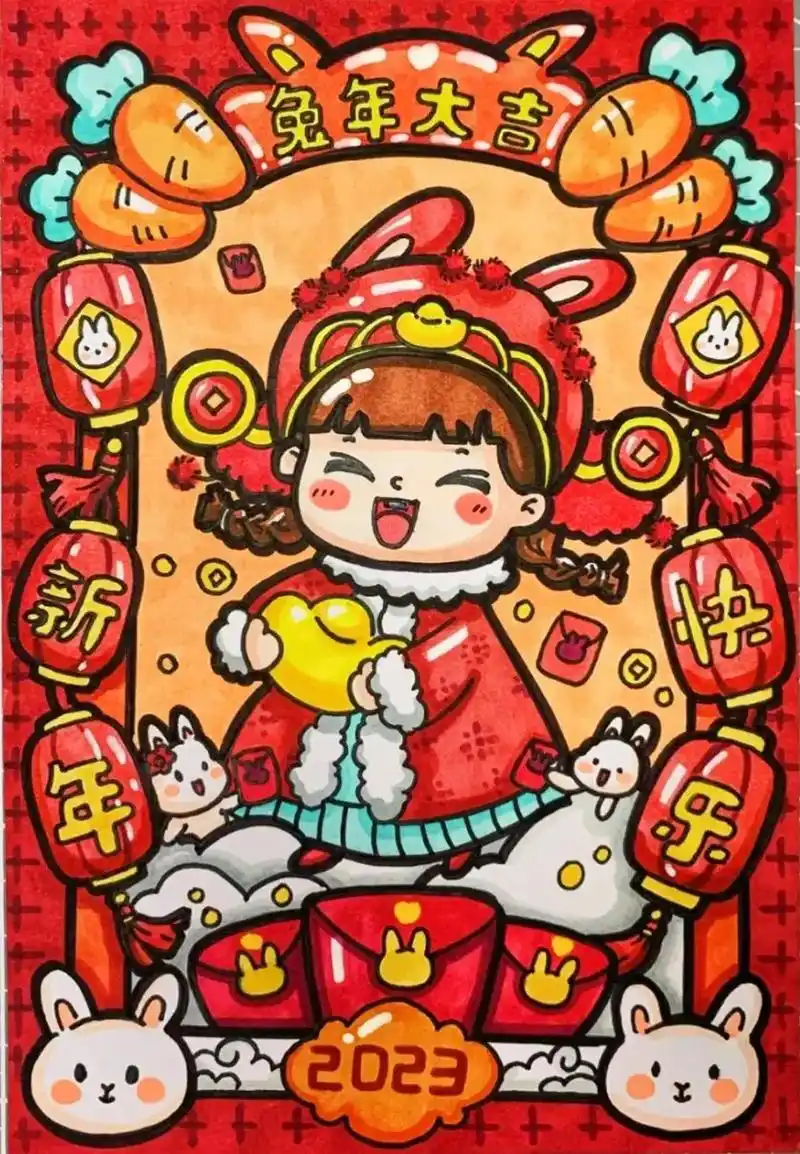 兔子新春节拜年主题创意儿童画插画舞狮子