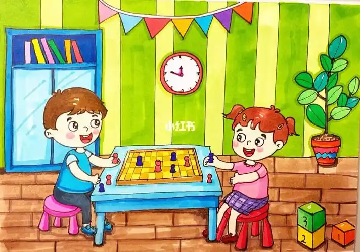 99马克笔儿童画,暑假跟小伙伴一起下棋吧99789615线稿95