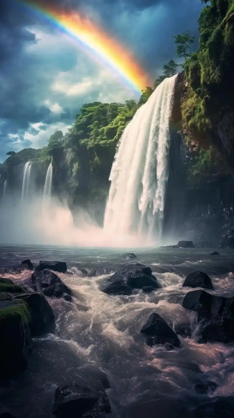 彩虹和瀑布的组合,给我们带来了无限的想象力和美好的寓意.