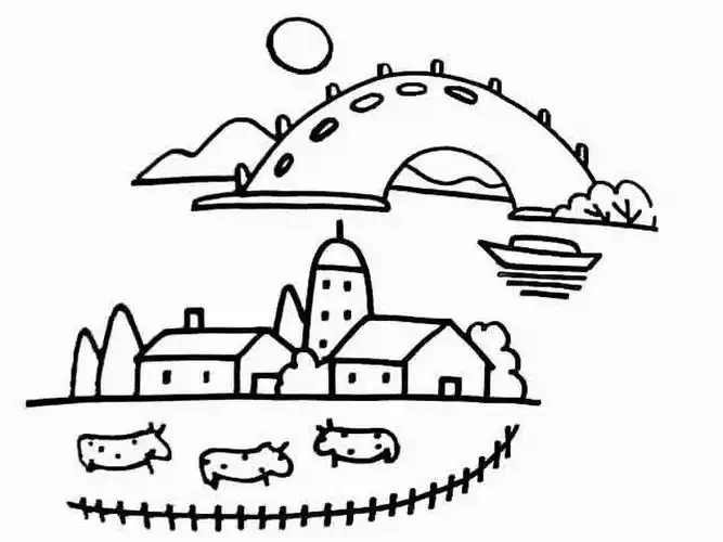 乡村田园风景简笔画《湖边美景》_简笔画图片大全 - 元艺考