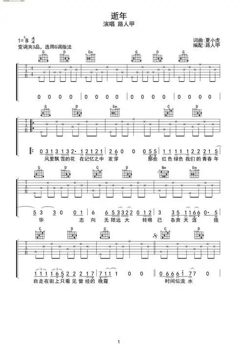 逝年 无限延音编配 夏小虎 吉他谱 和弦谱