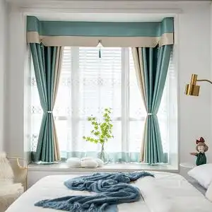 u型飘窗窗帘全遮光布贡缎卧室客厅短帘免打孔简约现代l型窗幔幔头
