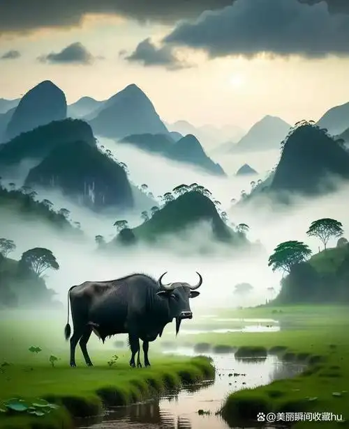 在青山绿水的映衬下,荷花深处的水牛和人家别有一番韵味