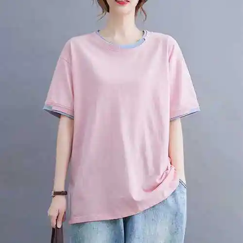 100%纯棉短袖t恤女夏季新款韩版宽松显瘦胖mm文艺休闲时尚圆领潮