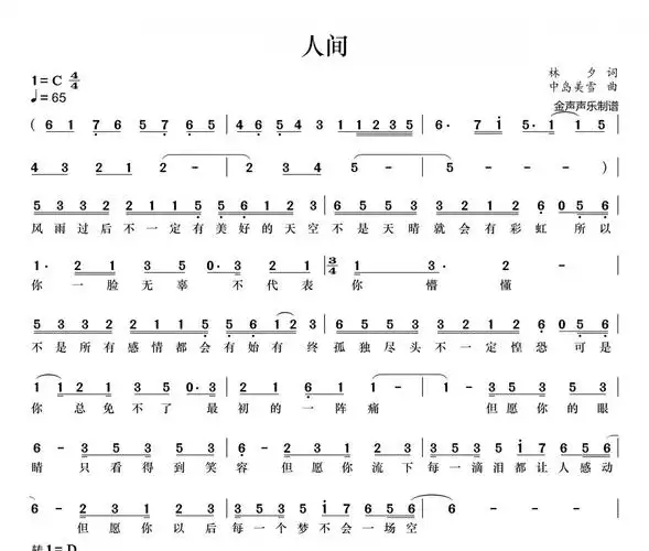 王菲-人间简谱c调 动态简谱
