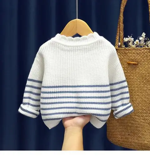 2020新款儿童针织衫洋气圆领小童毛线衣宝宝打底衫 双色条纹毛衣紫色