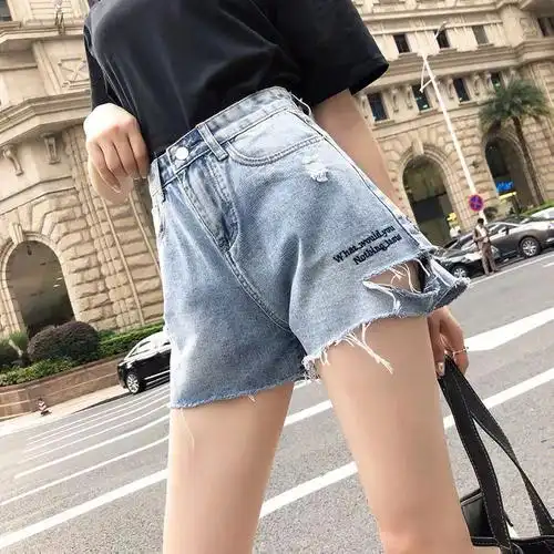 高腰宽松学生牛仔短裤女夏网红同款浅色烂破