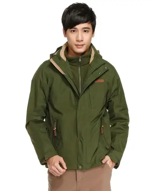 防水透气 男款军绿色长袖冲锋衣 连帽两件套