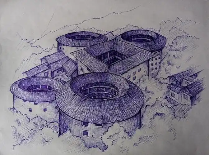 圆珠笔之福建土楼风景
