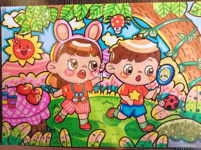 简笔画主题画春游小男孩小女孩