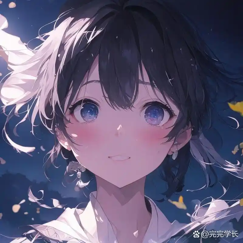 95在这幅画中,一位蓝眼睛,黑头发的动漫女孩静静地侧身站立,仿佛