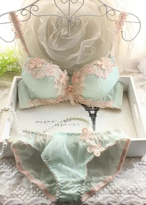 日系 超仙花朵蕾丝三排扣 侧收聚拢女士bra 文胸内衣套装 薄荷绿