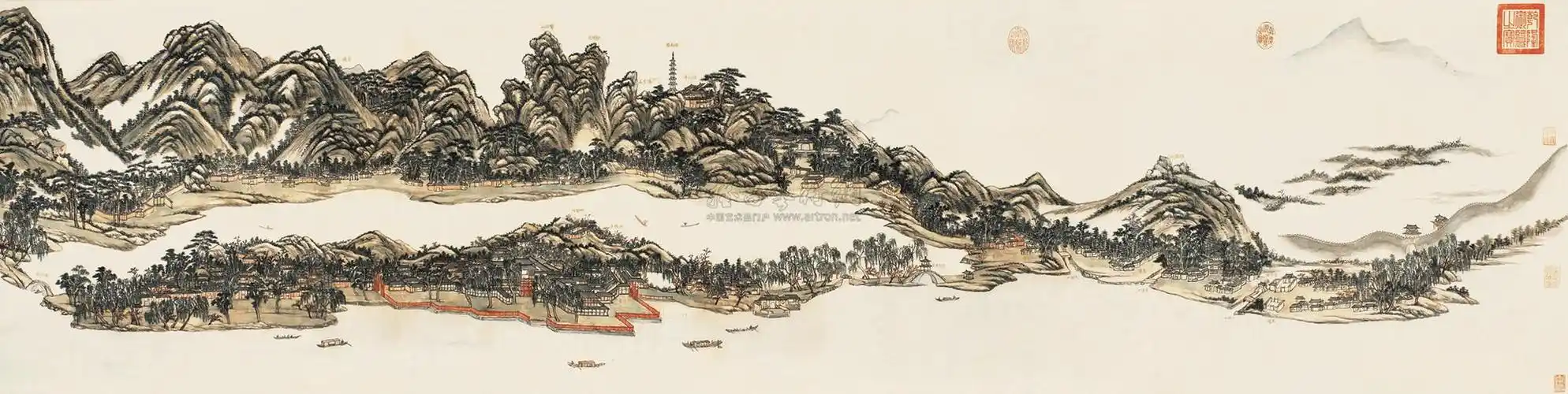 8134 国立故宫博物院馆藏名画《清 王原祁 西湖十景》设色绢本,绫裱
