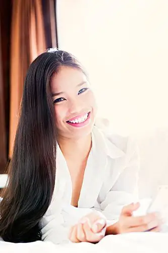 头像,微笑,亚洲人,少女,卧,床