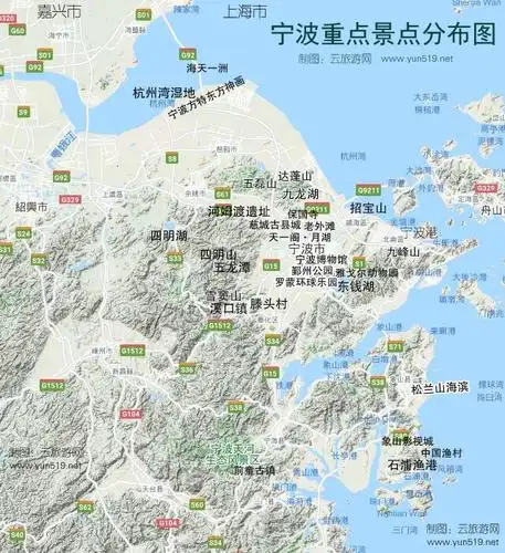 宁波市重点旅游景点分布图宁波地形地图