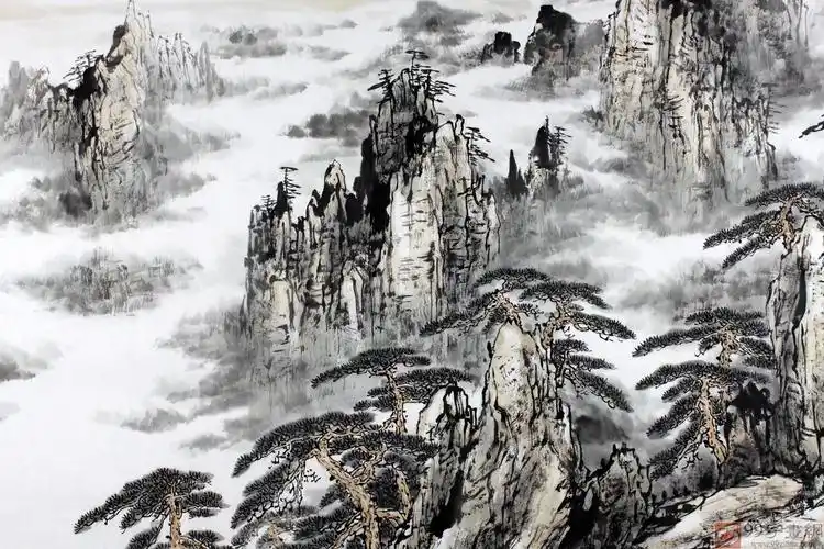 何华贤水墨写意古松山水画黄山烟云 - 写意山水画 - 99字画网