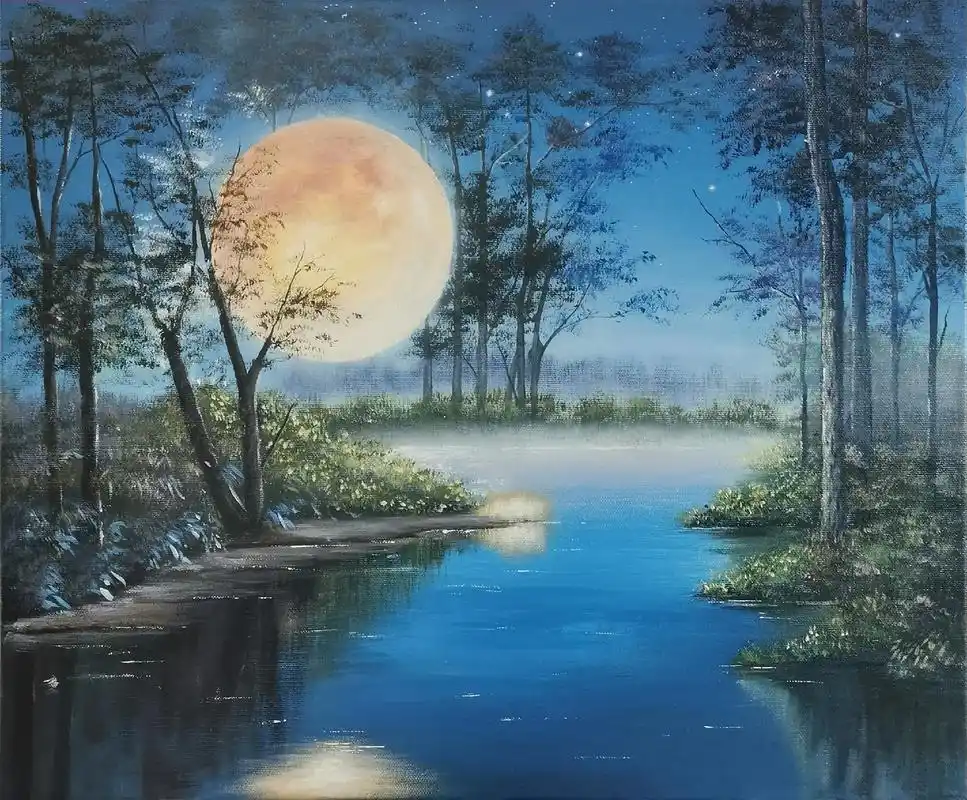 手绘#风景画  夏夜,远山渐隐,炎热的气息缓慢消散.天空中薄 - 抖音