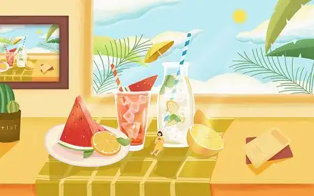 卡通小暑夏天果汁休闲时光原创插画海报素材