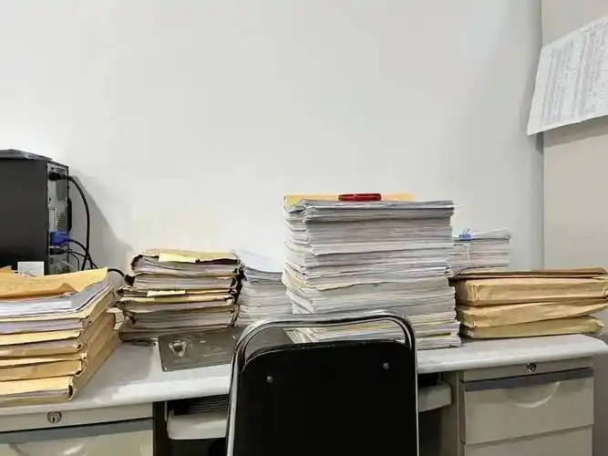 每张桌子上都堆满了一摞一摞的卷宗,让5个人的办公室显得更加拥挤,一