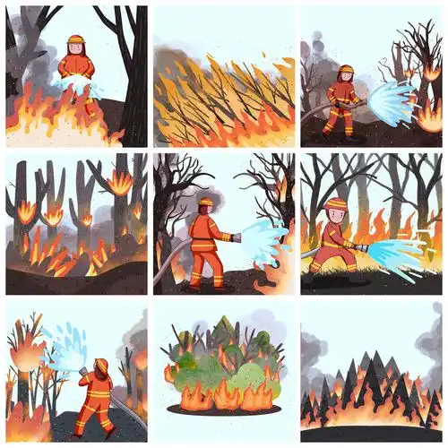 29款森林火灾逆行英雄消防员救火卡通插画psd模板