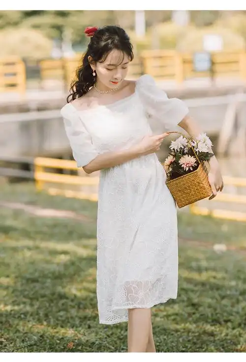 模特实拍2020夏季新品法式复古方领蕾丝裙白色气质连衣裙 白色 m