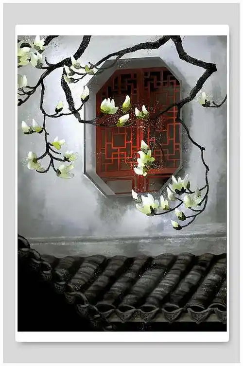 窗户花朵手绘大气古风水墨风景插画
