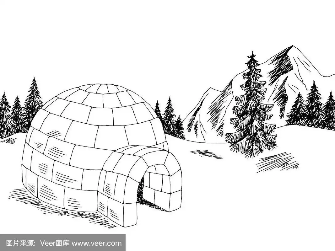 冰屋冬季山景观图形黑白草图插图向量