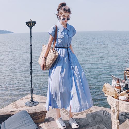 蓝色裙子长裙衬衫极简高腰连衣裙超长高个子腰带连衣裙