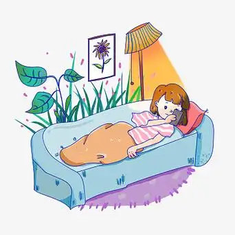 手绘卡通女孩躺在沙发上玩手机