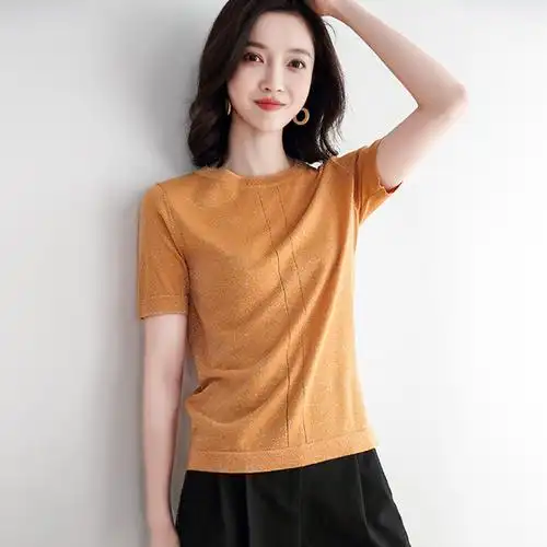夏季闪亮天丝短袖针织衫女韩版套头圆领时尚夏天毛针织衫