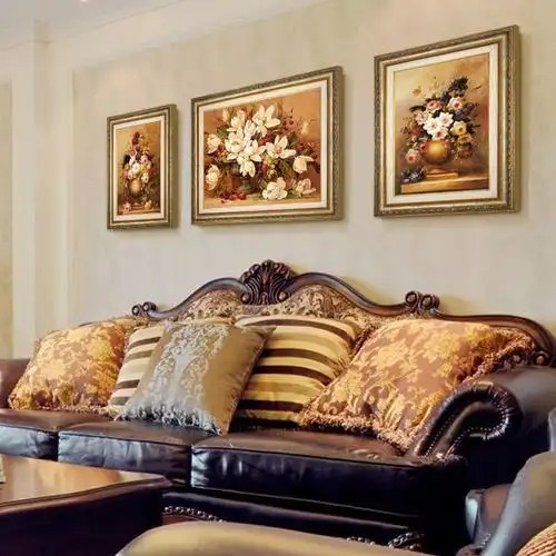 花开富贵装饰画 客厅沙发背景墙三联画 欧式挂画油画卧室美式壁画