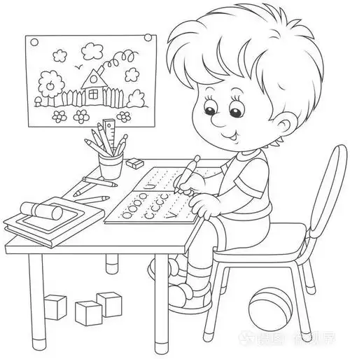 插画 小男孩在一本练习本上做作业, 里面有写作样本,黑白矢量插图和一