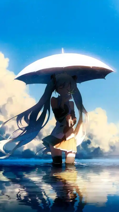 天空水初音未来雨伞手机壁纸