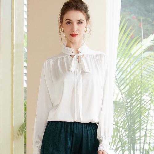 立领真丝衬衫女宽松系带长袖衬衣纯色缎面桑蚕丝上衣春夏adt9021