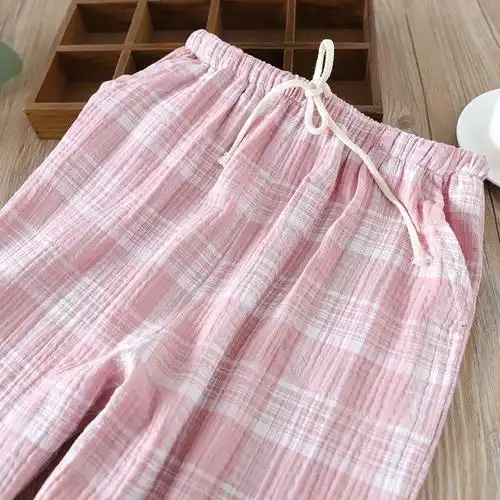 suntek日系格子睡裤女棉春秋双层纱布水洗绉布家居裤长裤可外穿大码