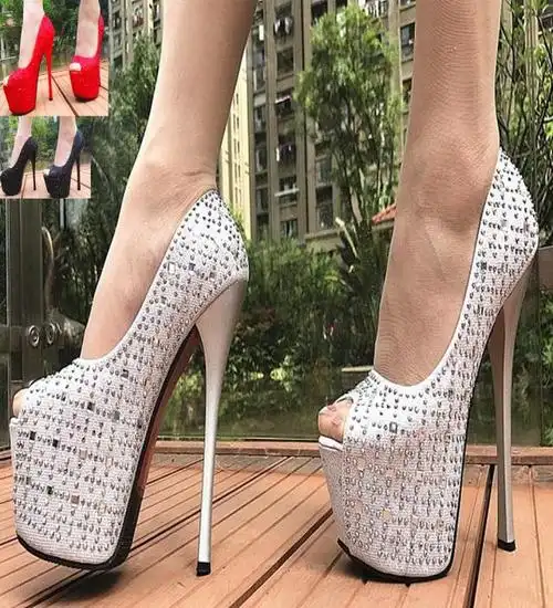 嘴鞋水钻超高跟16cm细跟防水台走秀银色夜店恨天高露趾凉鞋单鞋优惠券