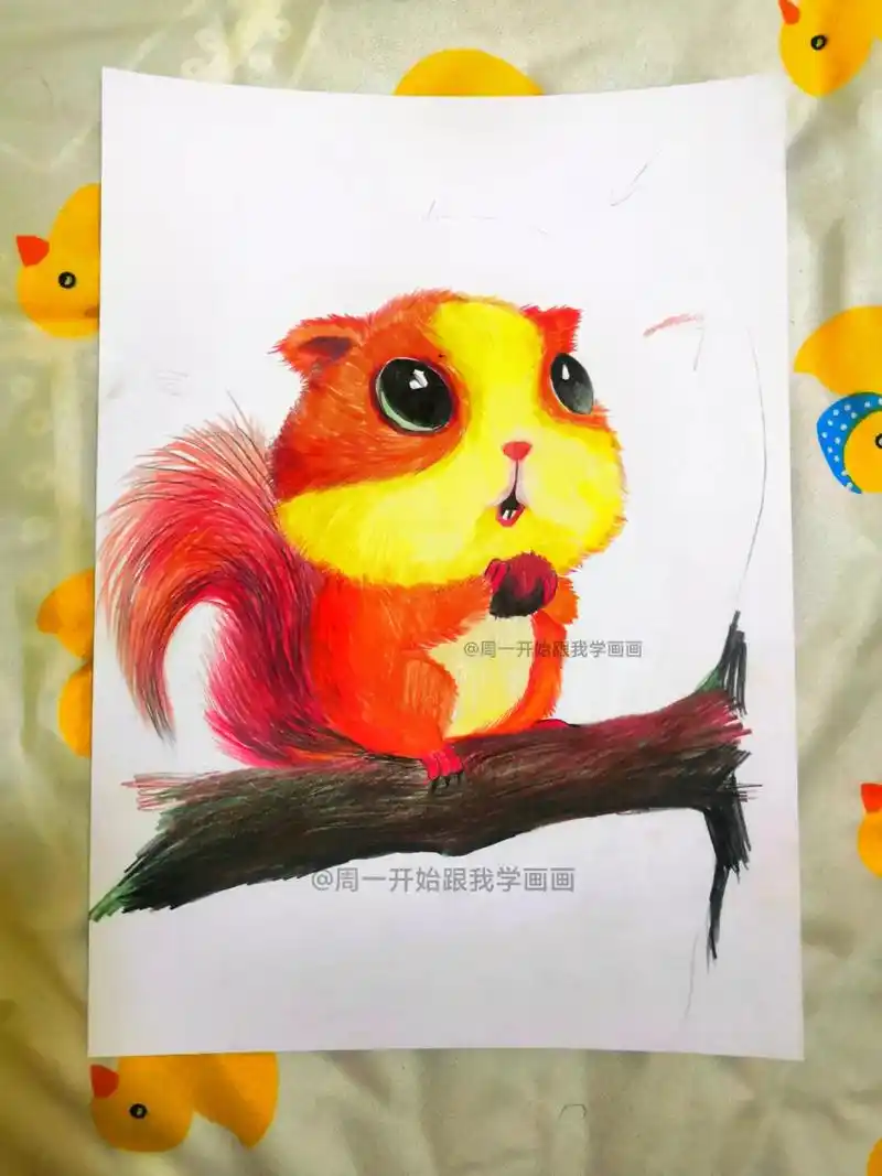 8岁以上可学的简单小松鼠彩铅范画1小时.1小时的课效,比较简 - 抖音