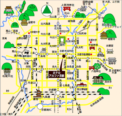 以上为京都市平面图.京都景区都非常密集,随便逛逛都是景点的感觉!